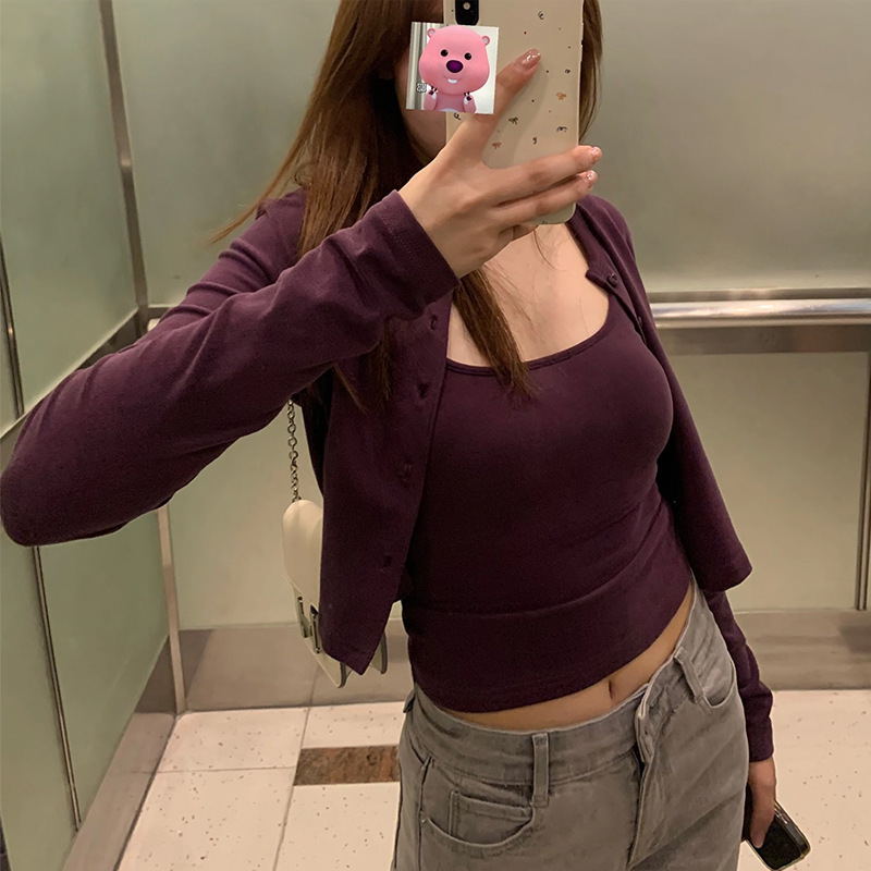 槿一 紫色吊带背心长袖开衫套装春夏小个子显瘦百搭两件套女2025|undefined