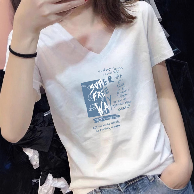 Women's Summer Cotton Letter V-neck Short-sleeve T-shirt All-match Top Trendy
