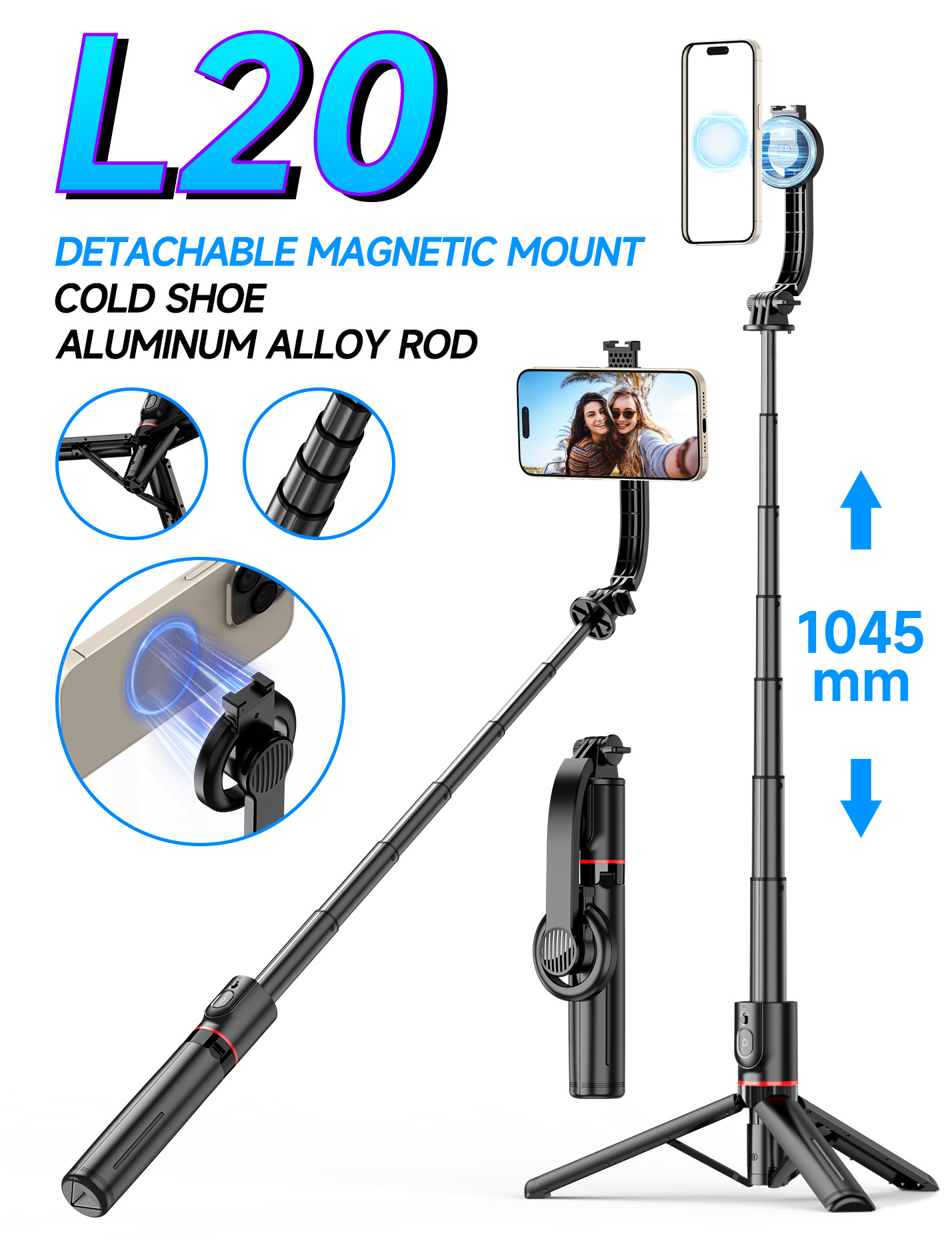 L20 [black - 1m ] aluminum alloy pole + magnetic separation mobile phone clip + cold shoe opening + bluetooth remote control