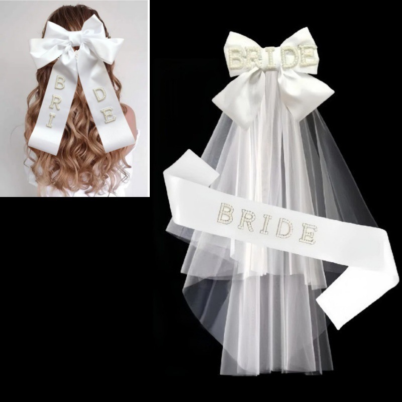 Bridal Bachelorette Party bride pearl hair band veil shoulder strap bridal pearl bow wedding party suit