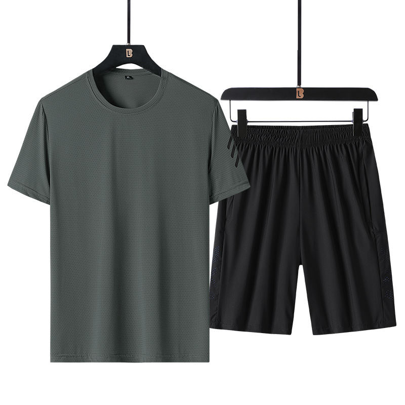 Trajes deportivos para hombres de verano para correr Casual hielo nylon camiseta de manga corta pantalones elásticos transpirables dos piezas
