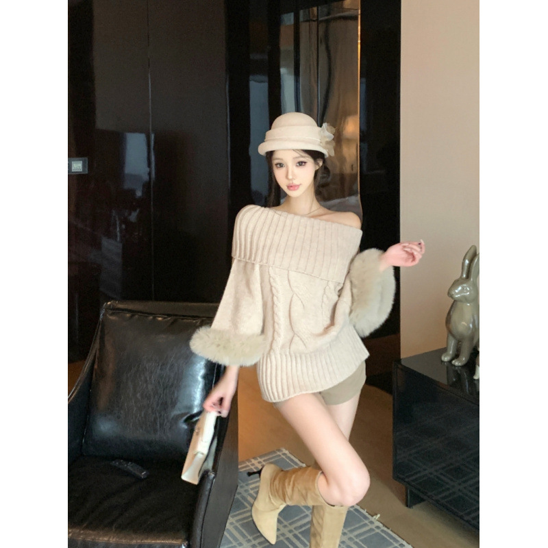 昕可达【京洛佳人】袖口狐狸毛高领羊毛混纺麻花针织上衣毛衣女|undefined
