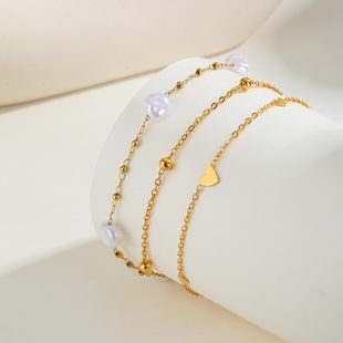 Women's Summer Beach Seaside Vacation Ins Style Stainless Steel Flat Cross Chain Pearl Heart Anklet Jc-217