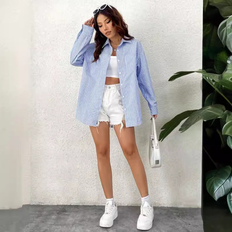 Cross-Border E-Commerce New Hot-Selling Product: Long-Sleeve Striped Shirt, Loose Fit, Versatile Casual Shirt, Women's Sun Protection Shirt Cross-Border E-Commerce New Hot-Selling Product: Long-Sleeve Striped Shirt, Loose Fit, Versatile Casual Shirt, Women's Sun Protection Shirt