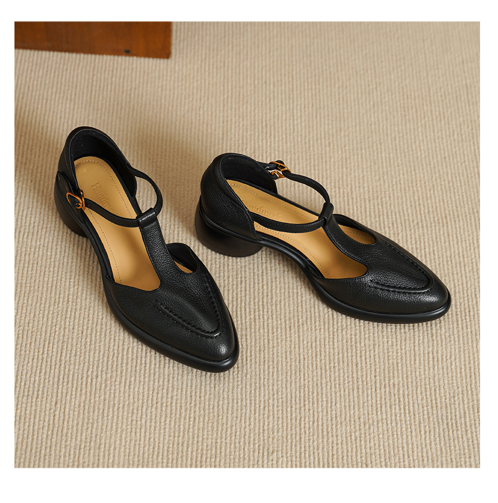 Sandal nữ quai chữ T gót vuông 5 cm mũi kín hở gót phong cách vintage — đen chi tiết 13