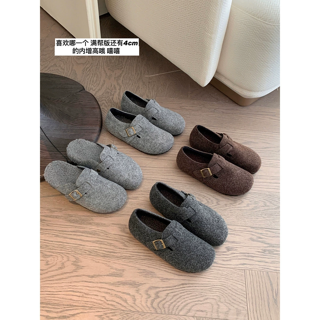 [Также как у Grape Mom] Две версии ~ Теплые, увеличивающие рост, пушистые женские полуботинки-мюли в стиле Birkenstock с закрытым носком