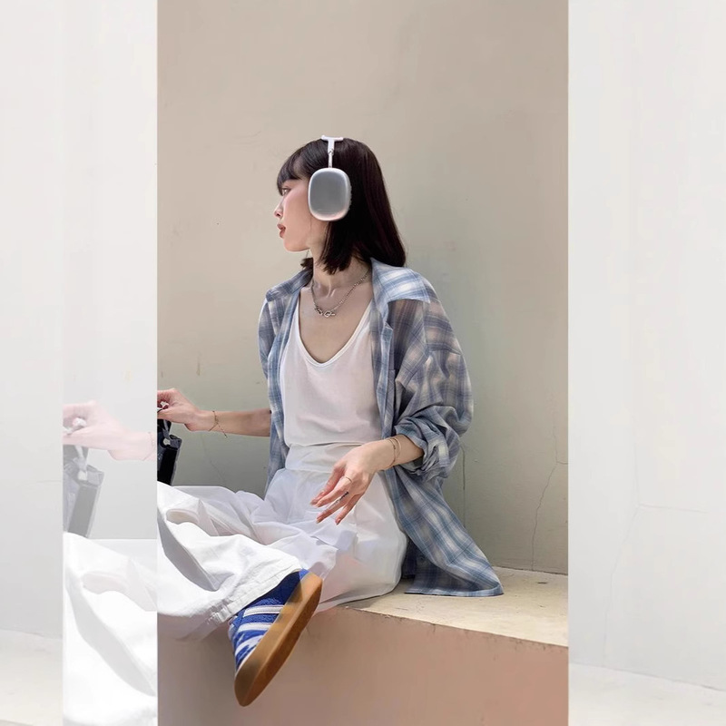 American Sweet Cool Style Gray and Blue Contrasting Plaid Shirt Women's Long-Sleeved Versatile Cute Casual Niche Sunscreen Salt Jacket