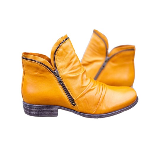 Independent Station round head V-neck women's leather boots side zipper Martin boots autumn thick heel horseshoe heel women's shoes