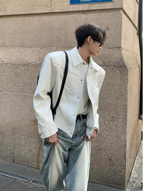 cleanfit白色短款皮衣外套男潮高级感痞帅飞行员皮夹克垫肩机车服|undefined