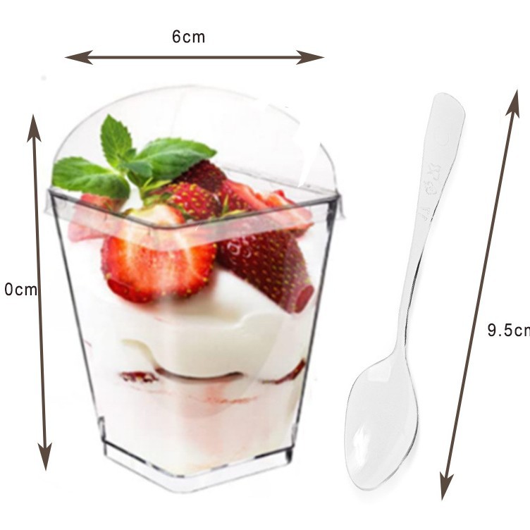 Traje taza de mousse cuadrada de 5oz con tapa y cuchara en caja taza de pastel taza de plástico desechable transparente 160ml