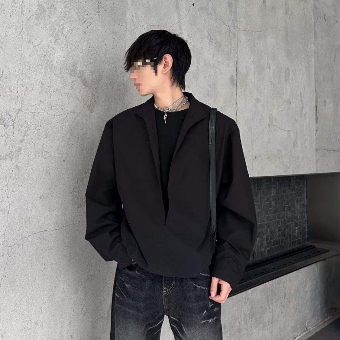简约假两件拼接设计感衬衫百搭宽松休闲纯色男日常衬衣一件代发