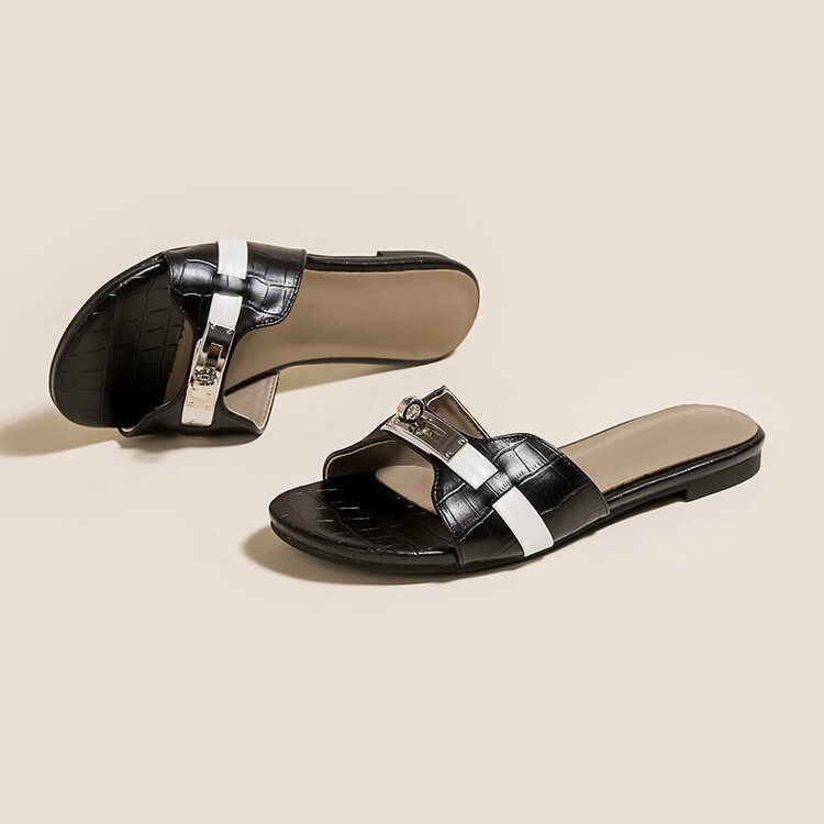 Sheepskin Version~Small Gold Buckle Crocodile Pattern French-Style Slip-On Sandals for Women, Summer Outdoor Wear, Soft-Soled Beach Half-Sandals