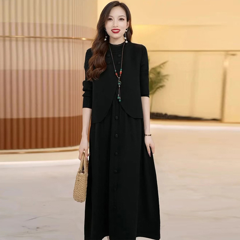 봄 가을과 겨울 새로운 외국 스타일의 어머니 하이 엔드 절묘한 우아한 투피스 세트 슬리밍 니트 울 원피스 여성