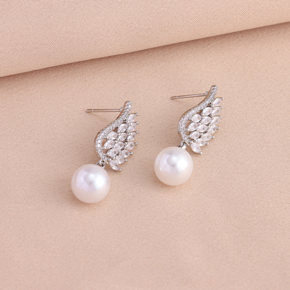 Mode retro temperament silber volle zirkonium feder fransen perle anhänger halskette ohrring set schmuck_voghion.com