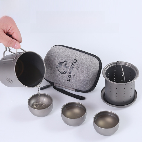 Portable pure titanium Gongfu tea set for outdoor travel, brewing cup with foldable handle and filter, camping set