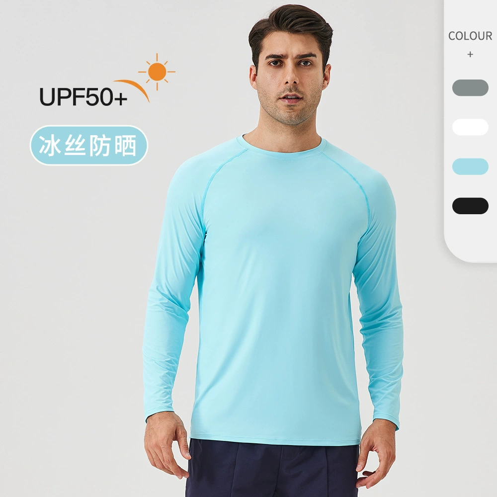 Спортивная футболка с длинными рукавами для мужского ледяного шелка свободная дышащая прохладная на открытом воздухе фитнес-топ с длинными рукавами 41520