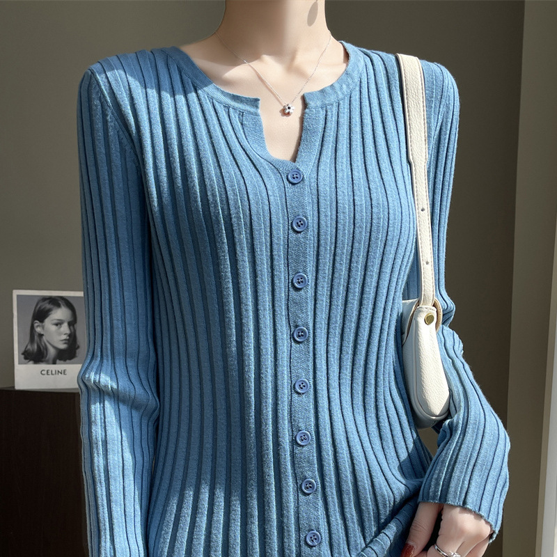 2023 Autumn/Winter Cross-Border Women's Knitted Sweater Korean Style Round Neck Wide Striped Knitted Cardigan Outerwear Elegant Women's Sweater