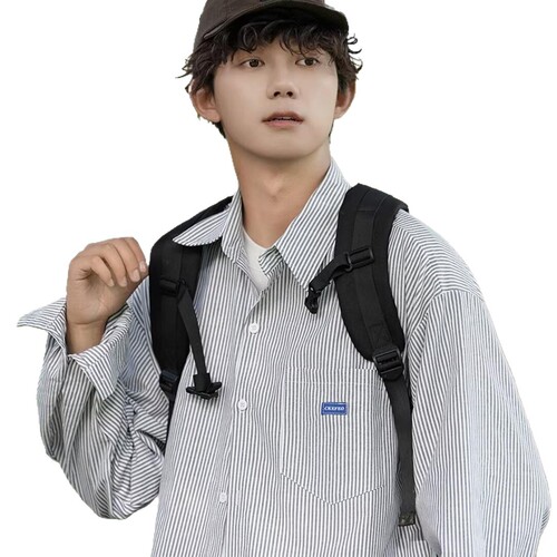 Japanese casual city boy workwear long sleeve shirt men spring and autumn new fashion loose striped top coat men
