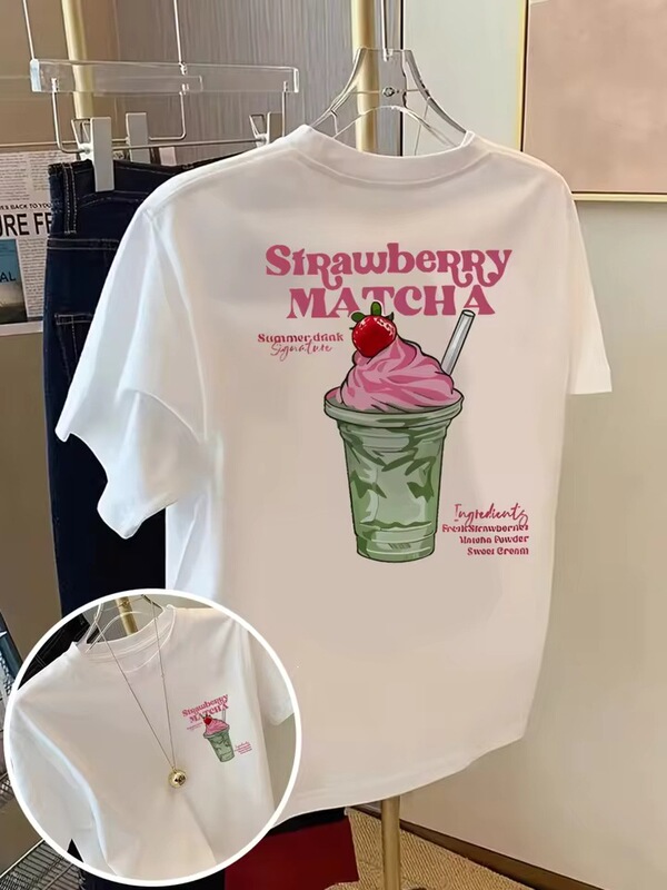 Cute Y2k Aesthetic Matcha Lover Top with Strawberry Matcha Print on the Back, Loose Streetwear Graphic T-Shirt Cute Y2k Aesthetic Matcha Lover Top with Strawberry Matcha Print on the Back, Loose Streetwear Graphic T-Shirt
