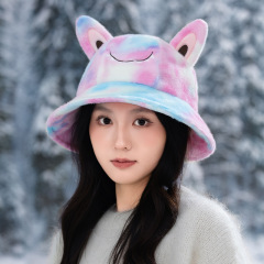 百搭扎染可爱笑脸卡通耳朵渔夫帽防风保暖毛绒帽子秋冬休闲盆帽新