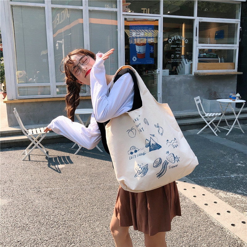 99304 ins single-shoulder hand-carry canvas bag, cute cartoon illustration tote bag for girls, student trend Application Scenario