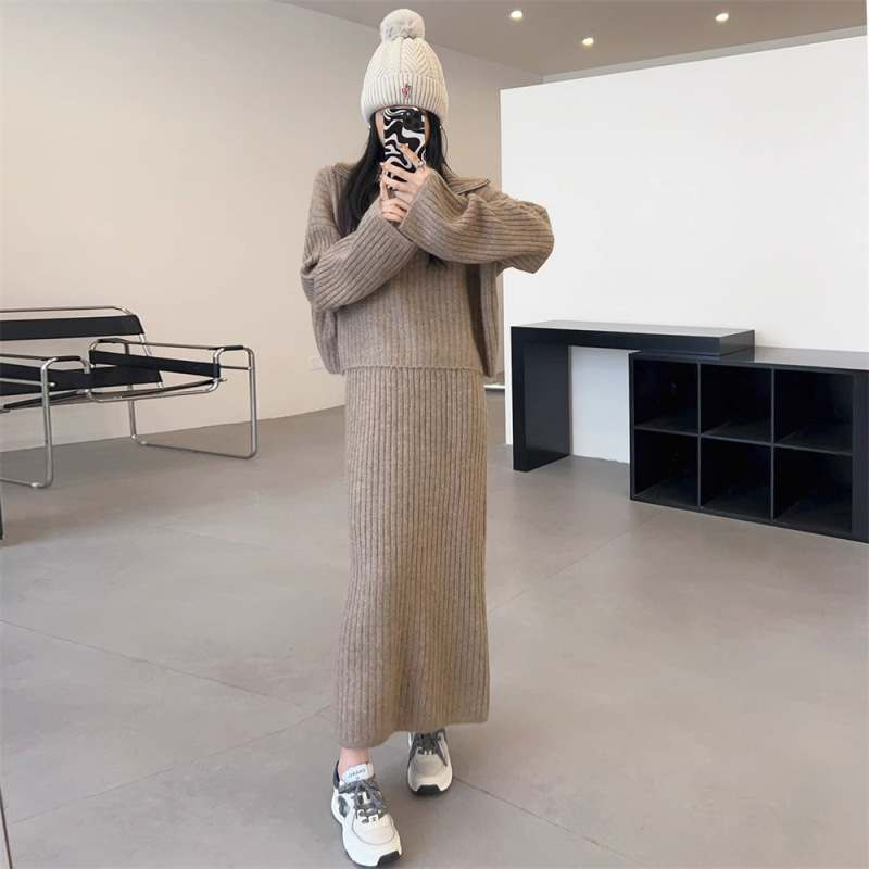 慵懒风半拉链翻领毛衣套装女秋冬季韩版宽松休闲针织半身裙两件套|undefined
