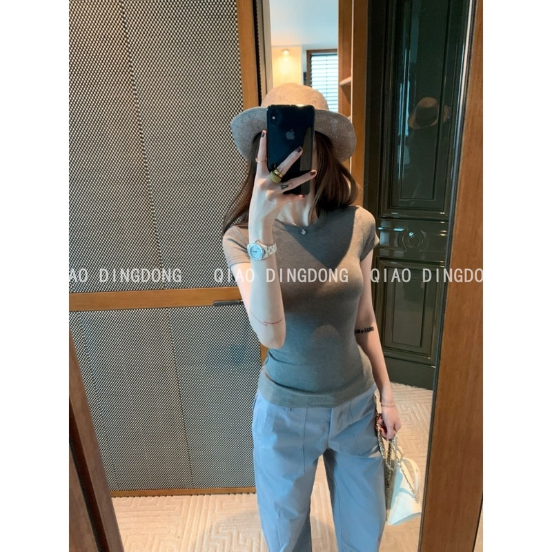 蘑糯糯 多色圆领短袖T恤女夏季基础百搭纯欲辣妹修身显瘦舒适上衣|undefined