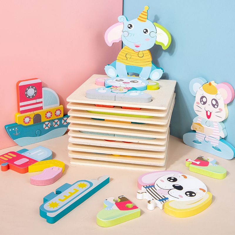 children wooden  toy animal cognition Pair toy three-dimensional jigsaw puzzle Panel Parenting interaction interest Early education Teaching aids