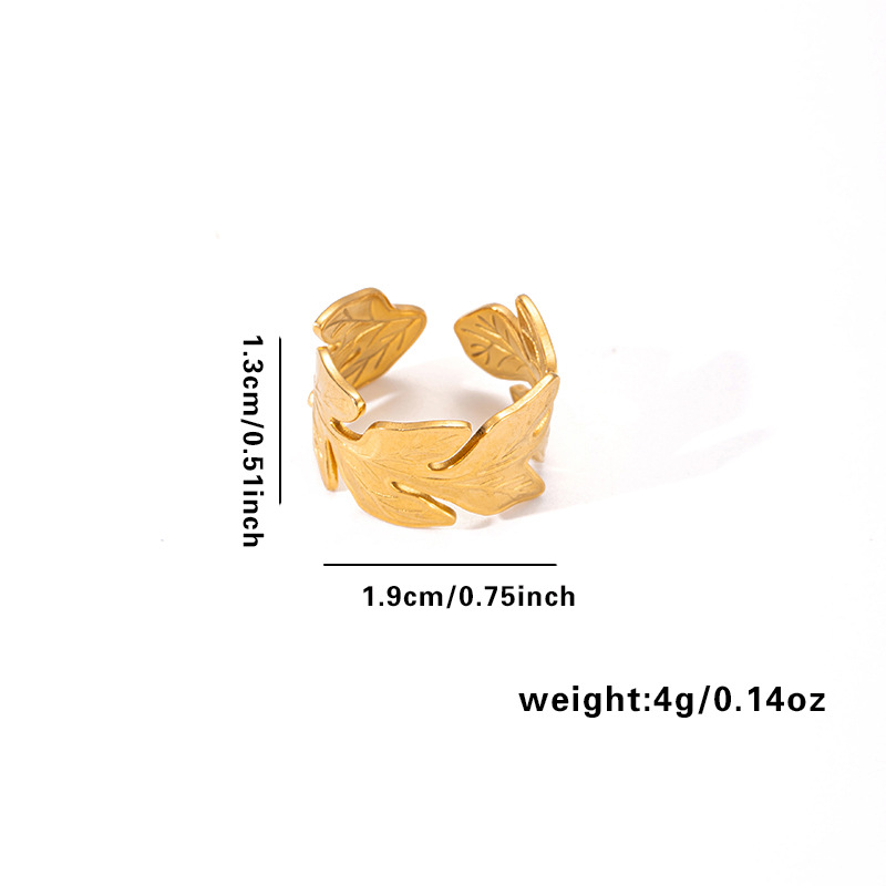 8g Weight 0.03µm Gold Plating Thickness Electroplated Gold Plating Process Golden Plated Plating Material Stone-Free Inlay Material Rings Classification 1 Piece Quantity Daily Occasion 201 Stainless Steel Material Leaf, Heart Shape Pattern Women's Gender Elegant Style Plating Craft Wholesale Jewelry Elegant Leaf Heart Shape Titanium Steel Open Rings 6