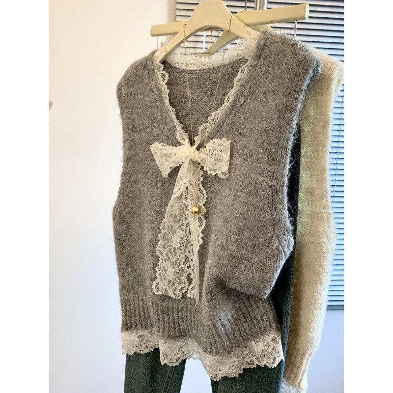 Kaning Lace Bow V-Neck Sweater Vest 2026 Early Autumn New Women's Layered Sleeveless Knitted Top