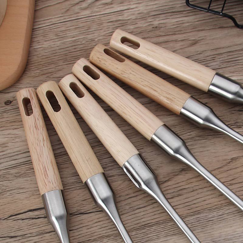 批發不鏽鋼厚木柄鍋鏟套裝優質家用不鏽鋼烹飪勺鏟廠家廚具套裝