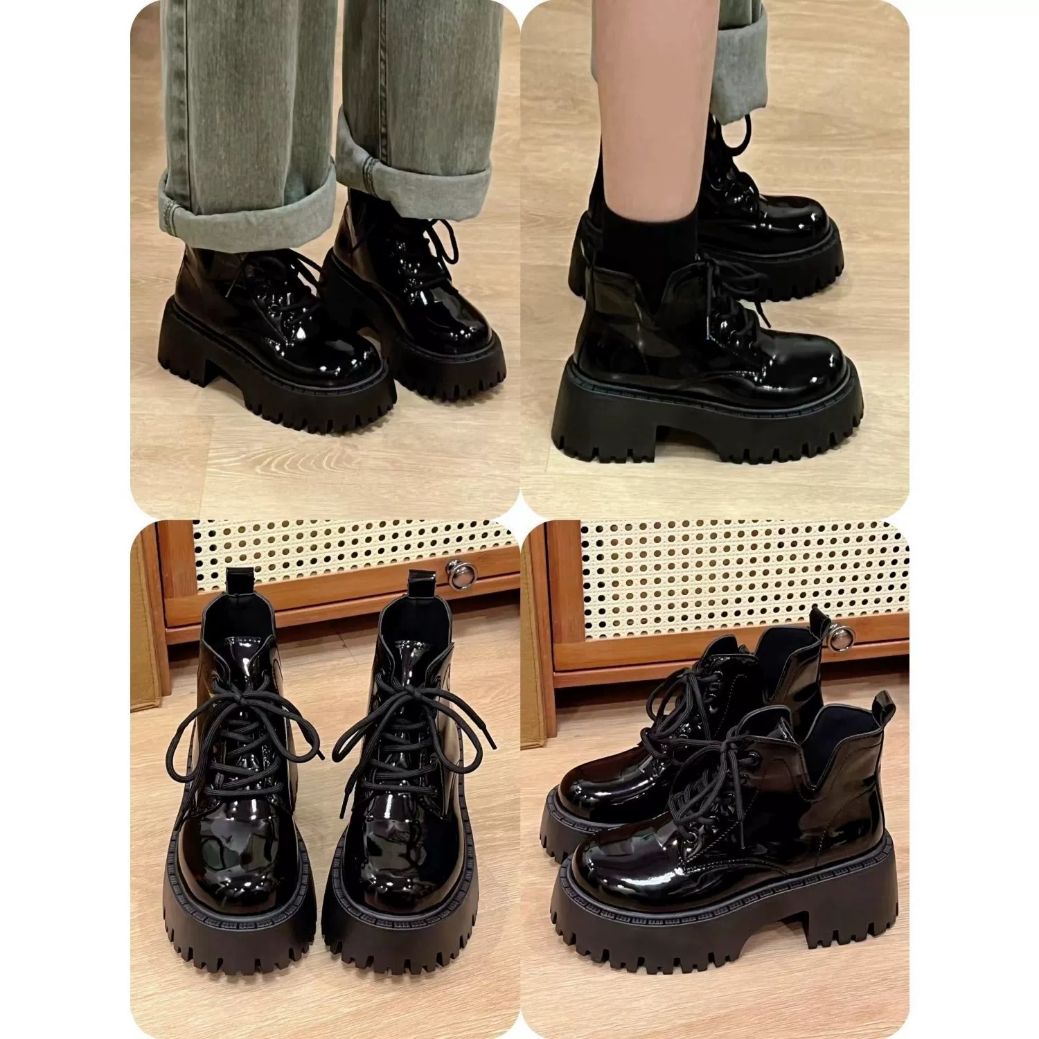 Martin сапоги женская осень 2023 новая черная лакированная кожа сладкая классная британская толстая подошва