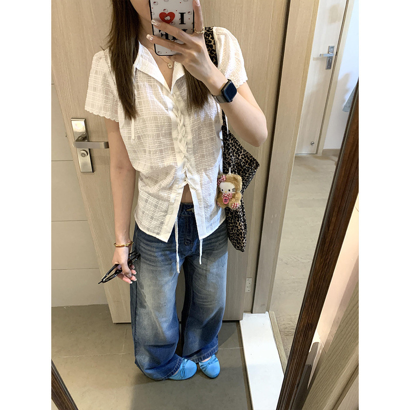 韩系白色肌理感短袖衬衫女夏季设计感小众绑带衬衣感气质上衣|undefined