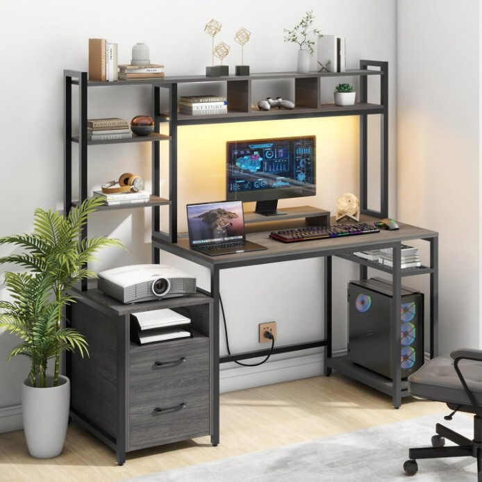 Computer Desk with Storage Shelves and 59inch Drawers, 2 Gaming Desk,With Led Lights and Power Outlets