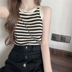 Striped Camisole Summer Outerwear Pure Desire Sleeveless Women's T-shirt Short Colorblock Design Thin Knitted Top