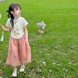 2025儿童中国风盘扣超仙短袖阔腿裤两件套女童夏季夏装中式套装潮