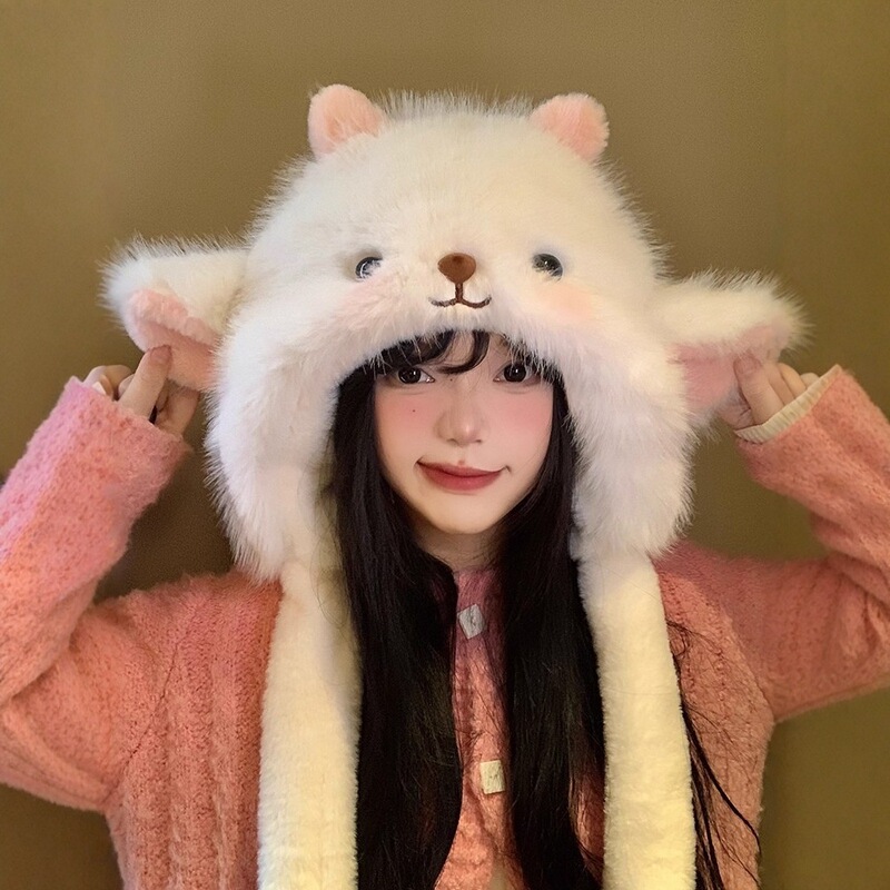 耳朵会动小羊毛绒帽子女冬季可爱加厚保暖防寒护耳帽显脸小雷锋帽|undefined