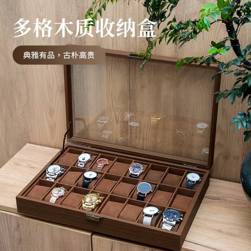 In-Stock Vintage Wooden Watch Storage and Display Case, Large Capacity Black Walnut Collection, 24-Slot Jewelry Storage Box