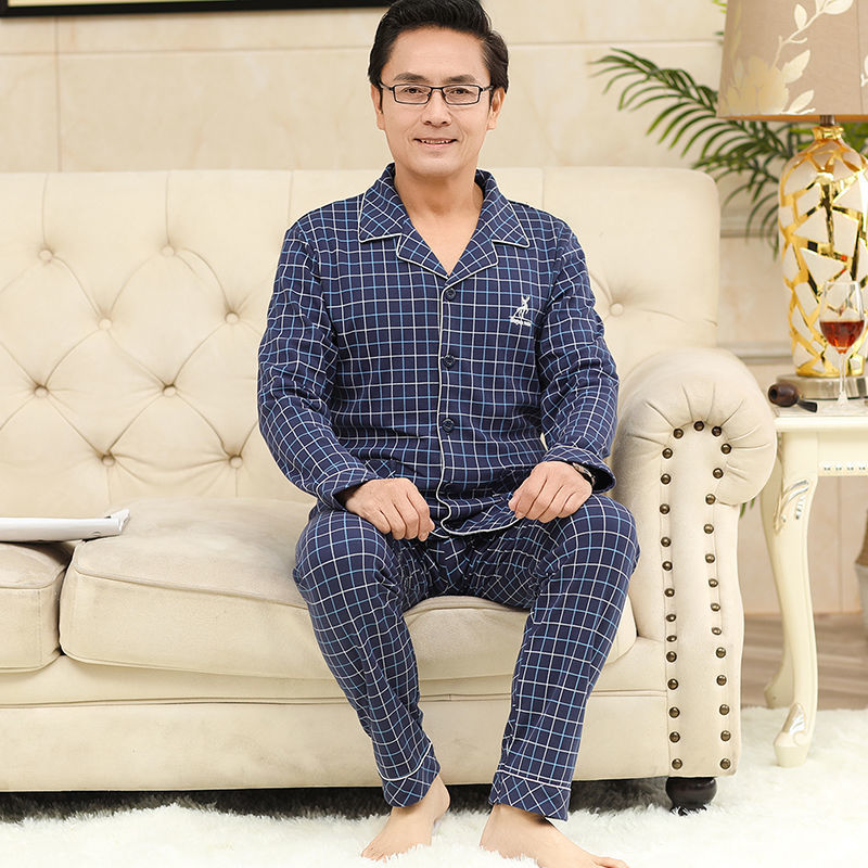 Pijamas de mediana edad y ancianos para hombres de primavera y verano 100% algodón de manga larga más tamaño cardigan Delgado traje de homewear