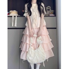 かわいい甘い女の子のドーパミン衣装セット女性の夏のカレッジスタイルのストラップシャツピンクチェック柄ケーキスカート 2 点セット