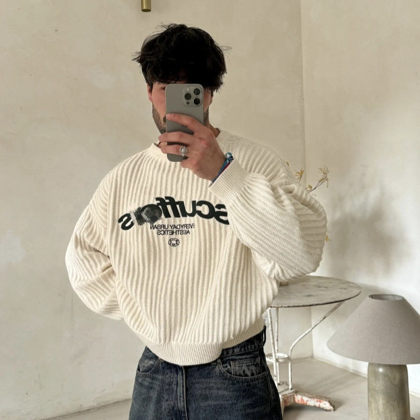 Scuffers Essential Crewneck Sweater Ribbed Knit Ecru