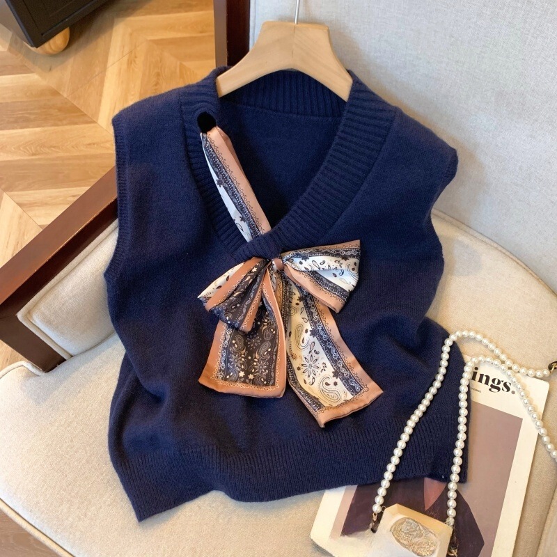 Kaning Design Ribbon Bow V Neck Vest Women's Autumn Soft Waxy Knitted Vest Korean Style Sleeveless Top