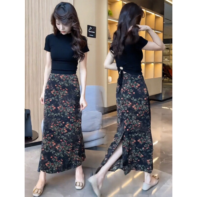 Vintage high quality Light Luxury Fashion Floral Skirt Women's Summer New Arrival Vertical Slim High Waist Split Arm Skirt