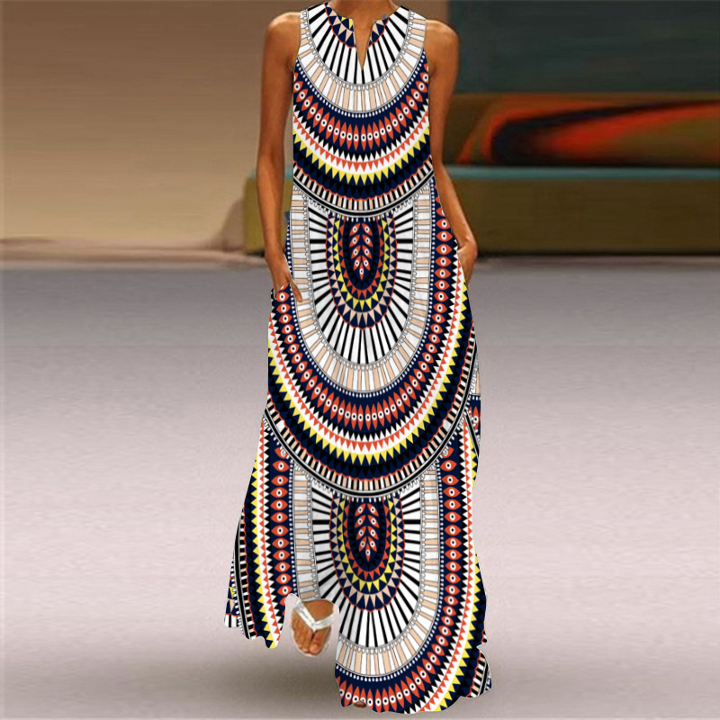2024 mujeres de verano de moda sexy Impresión digital con cuello en V sin mangas vestido largo bolsillo europeo y americano vestido S-5XL