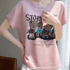 竹リネンクマプリント半袖 Tシャツ女性のための 2025 夏の新しいラウンドネック Tシャツ女性のためのルーズ痩身トップトレンディ