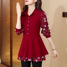 加绒/不加绒2025秋冬加绒打底衫大码雪纺拼接上衣遮肚显瘦连衣裙