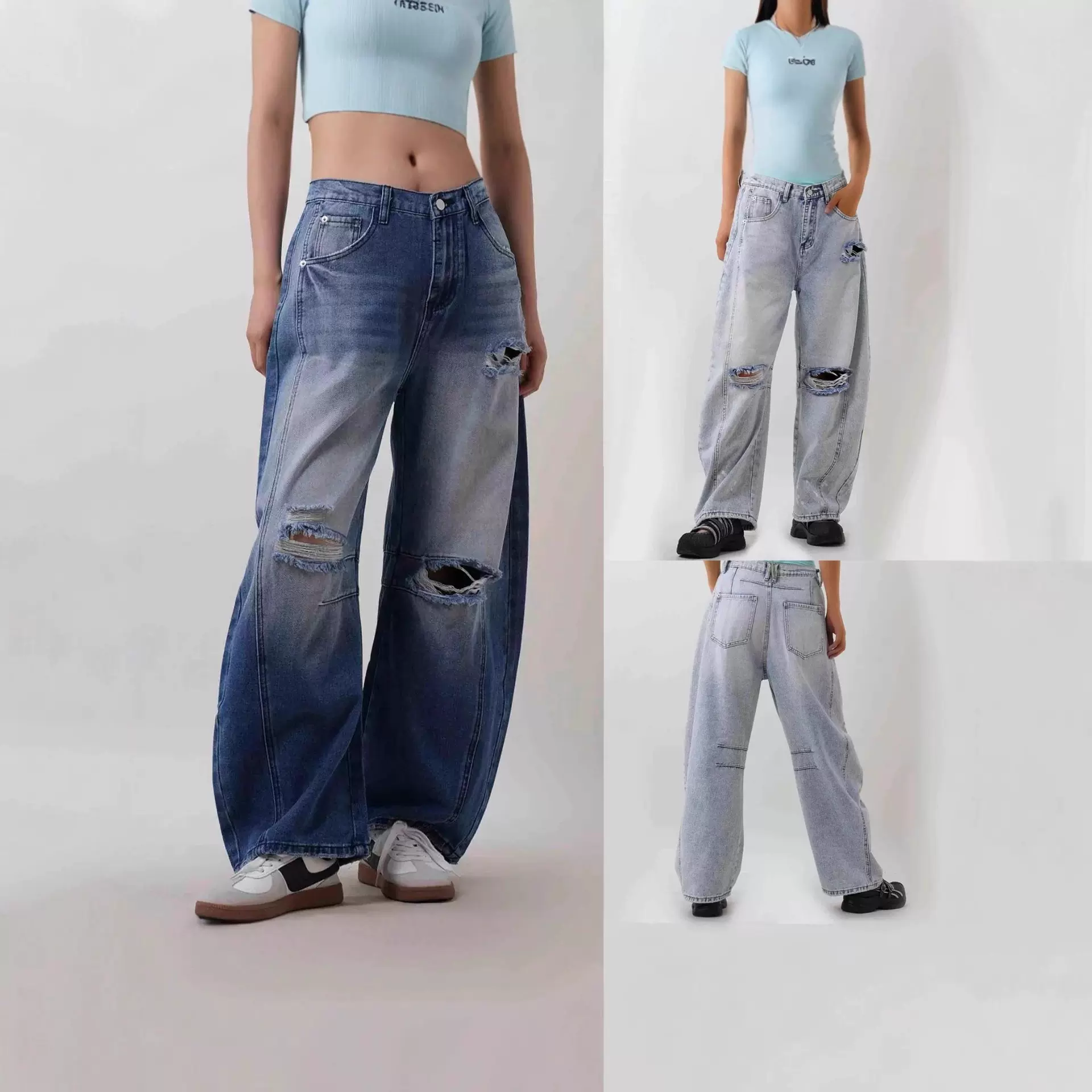 欧美外贸跨境TEMU破洞宽松复古重工牛仔长裤女  女式牛仔裤
