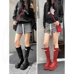 户外红色雨靴女2025新款圆头厚底高筒骑士靴不过膝长筒靴