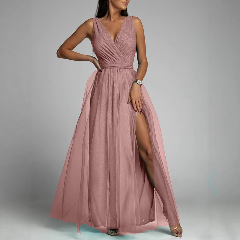European and American Cross-Border 2026 New Amazon Sexy V-Neck Waist-Cinching Slimming Slit Flare Sparkling Dress Gown European and American Cross-Border 2026 New Amazon Sexy V-Neck Waist-Cinching Slimming Slit Flare Sparkling Dress Gown