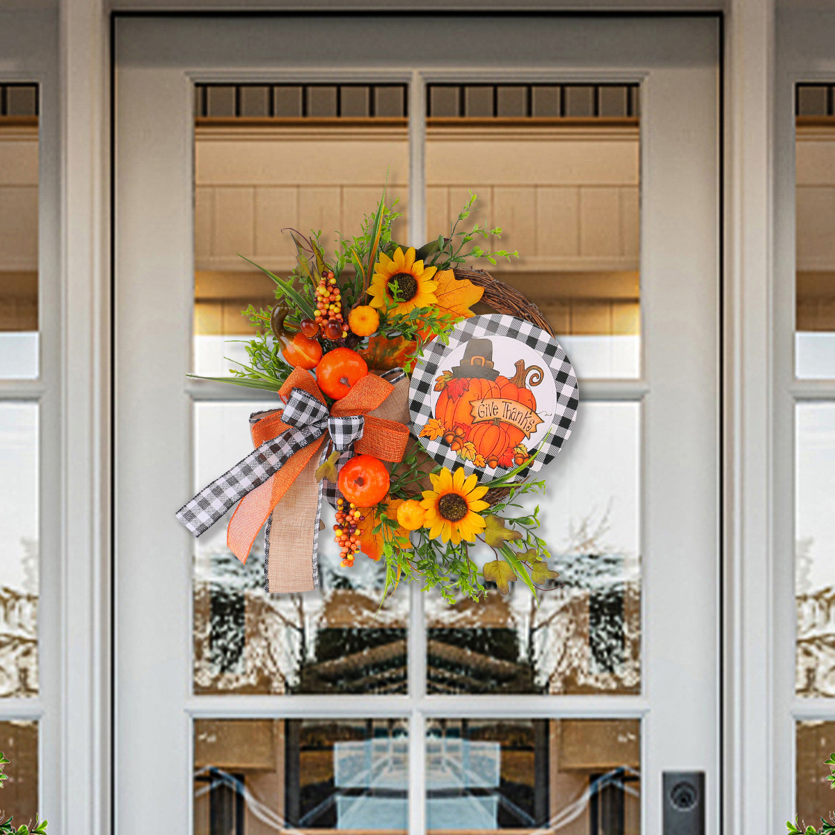 Amazon Hong Kong amor nueva marca de madera decoraciones de Acción de Gracias girasol otoño calabaza guirnalda simulación planta puerta colgante